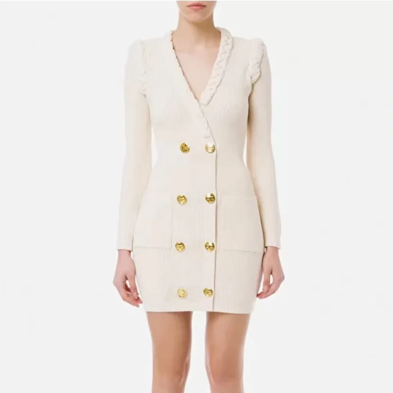 

Women Mini Knit Dress with Handmade Braid Collar Luxurious Style Beige Color Brief Sheath European Lady
