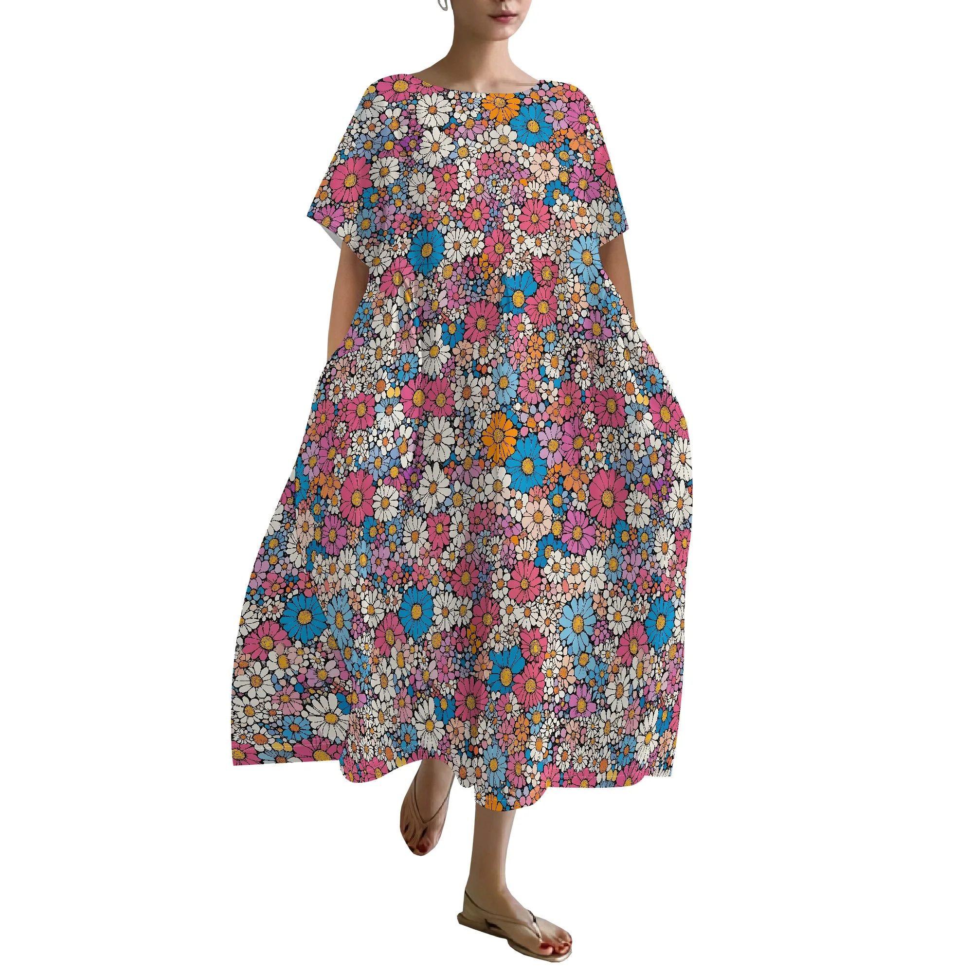

Short Sleeve Casual Maxi Dress for Women Summer Round Collar Flowy Beachwear for Vacation