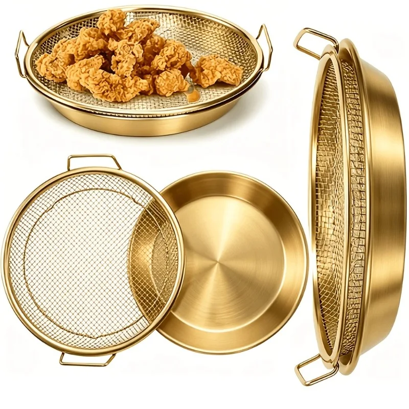 Gold Heavy Duty Deep Fryer Rack Tray Mesh Basket Oil Filter Pan Air Fryer Liner Oven Sheet Cutter Kitchen Accessories Tool
