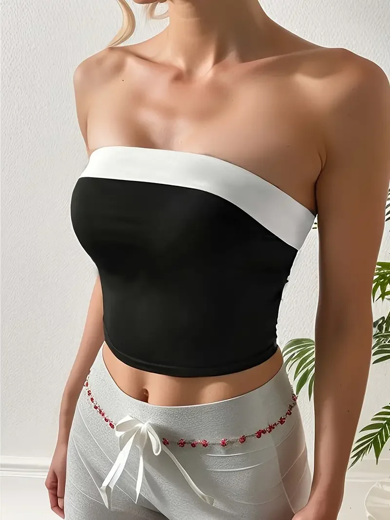 Color Block Crop Slim Tube Top Stylish Straight Neck Strapless Top For Summer Women\'s Clothing