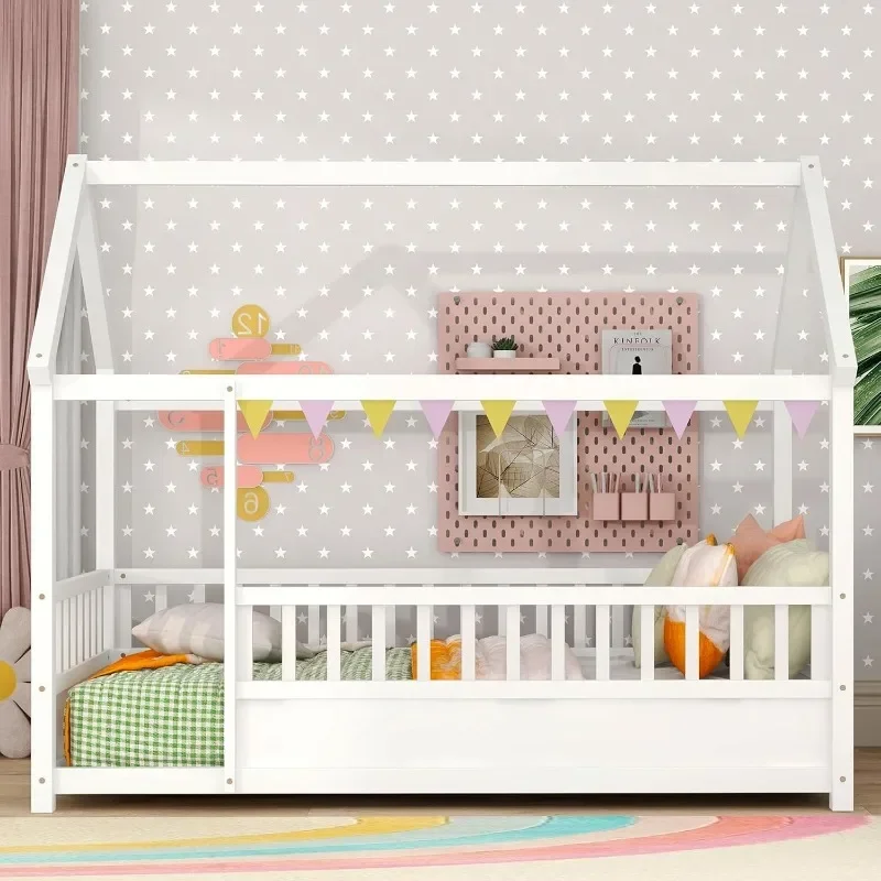 Twin Size, Twin Floor Bed with High Fence, House Bed for Kids, Girls, Boys, Wood Floor Without Slats(White Twin)