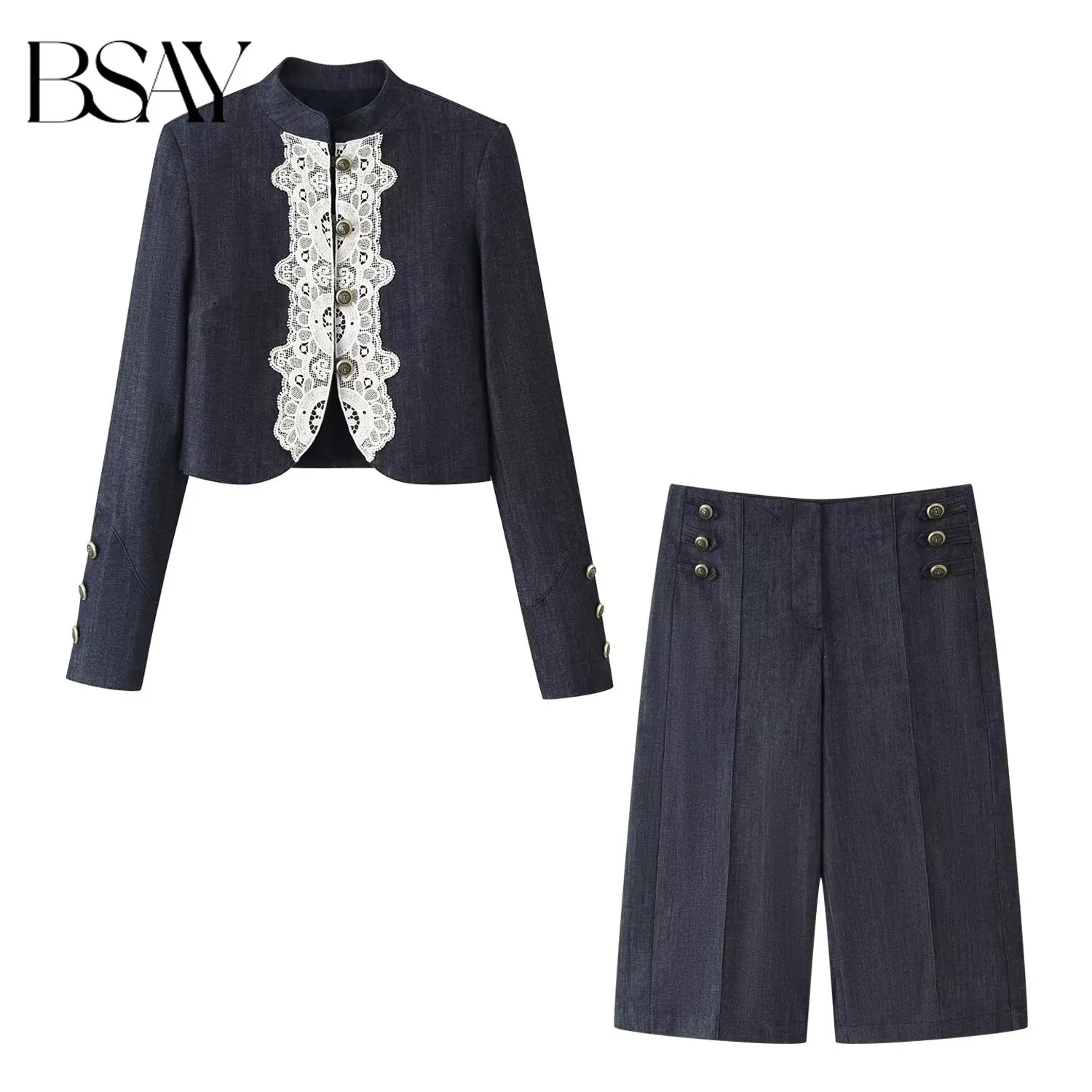 BSAY 2026 Women's Elegant Mandarin Collar Lace Spliced Cropped Jacket Button Decor High Waist Wide Leg Shorts Two Piece Outfit