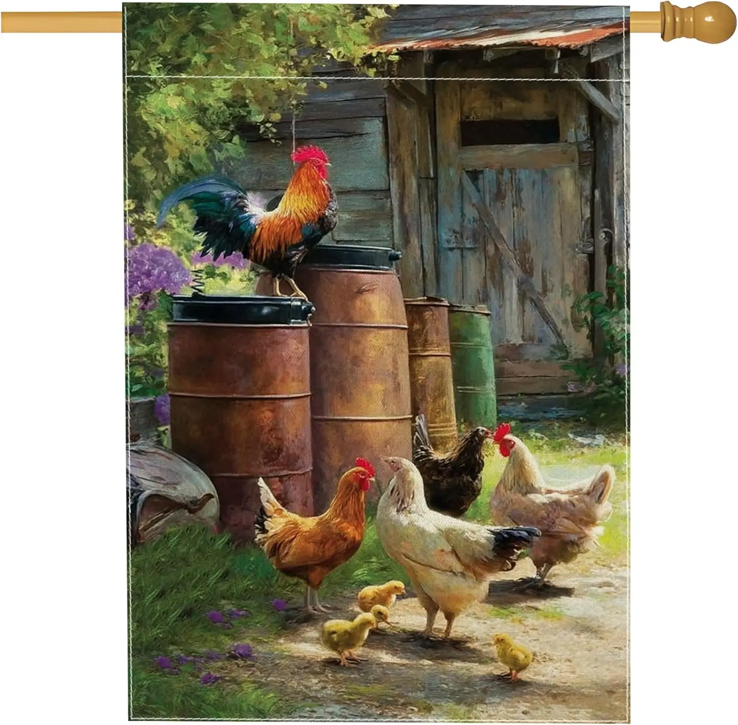 Rooster House Flag, Rustic Countryside Chickens Barrels Spring Brown Burlap Double Sided Outside Large Garden Flag for Outdo ZZM