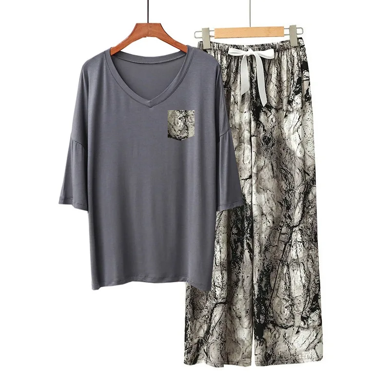 

Modal Comfortable Women's Sleepwear Loose Short Sleeve Trousers Sets Printed Home Suit For Women Loungewear Pajamas Clothes