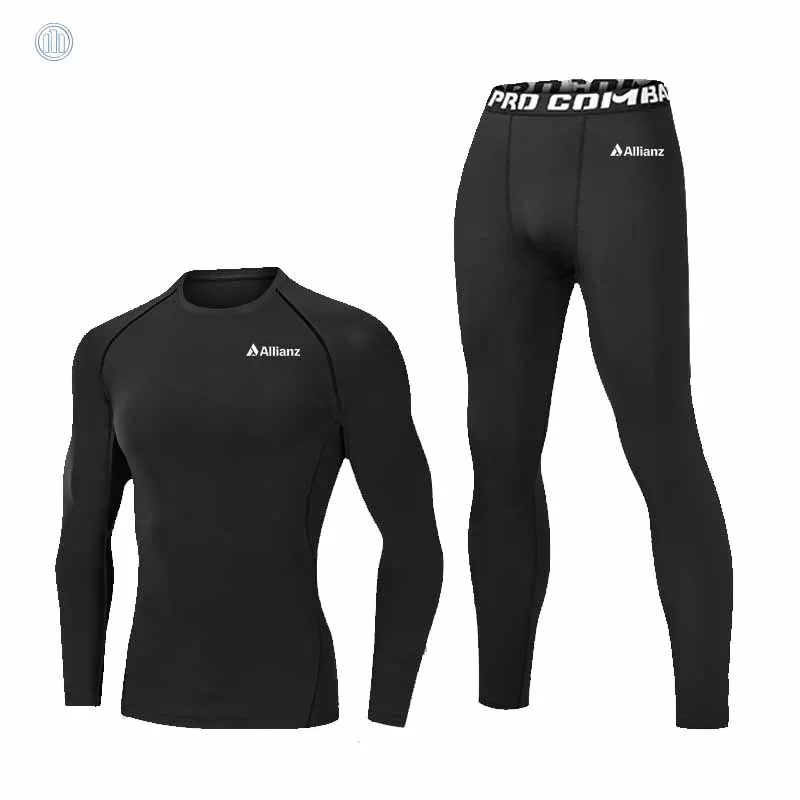 Allianz logo Spring Autumn Men's Black Long-Sleeved Underwear Set-Fitness Running Basic Sports