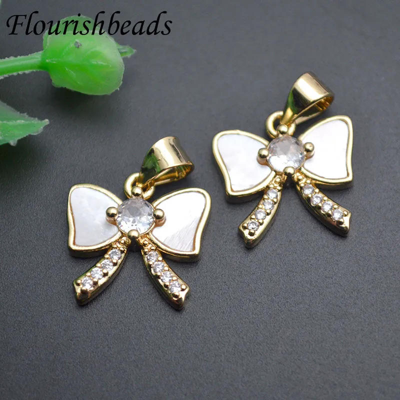 Jewelry Accessories Paved CZ Bead Cute Bow Tie Shape MOP Pendant Charm for Women Handmade DIY Necklace 10pcs/lot