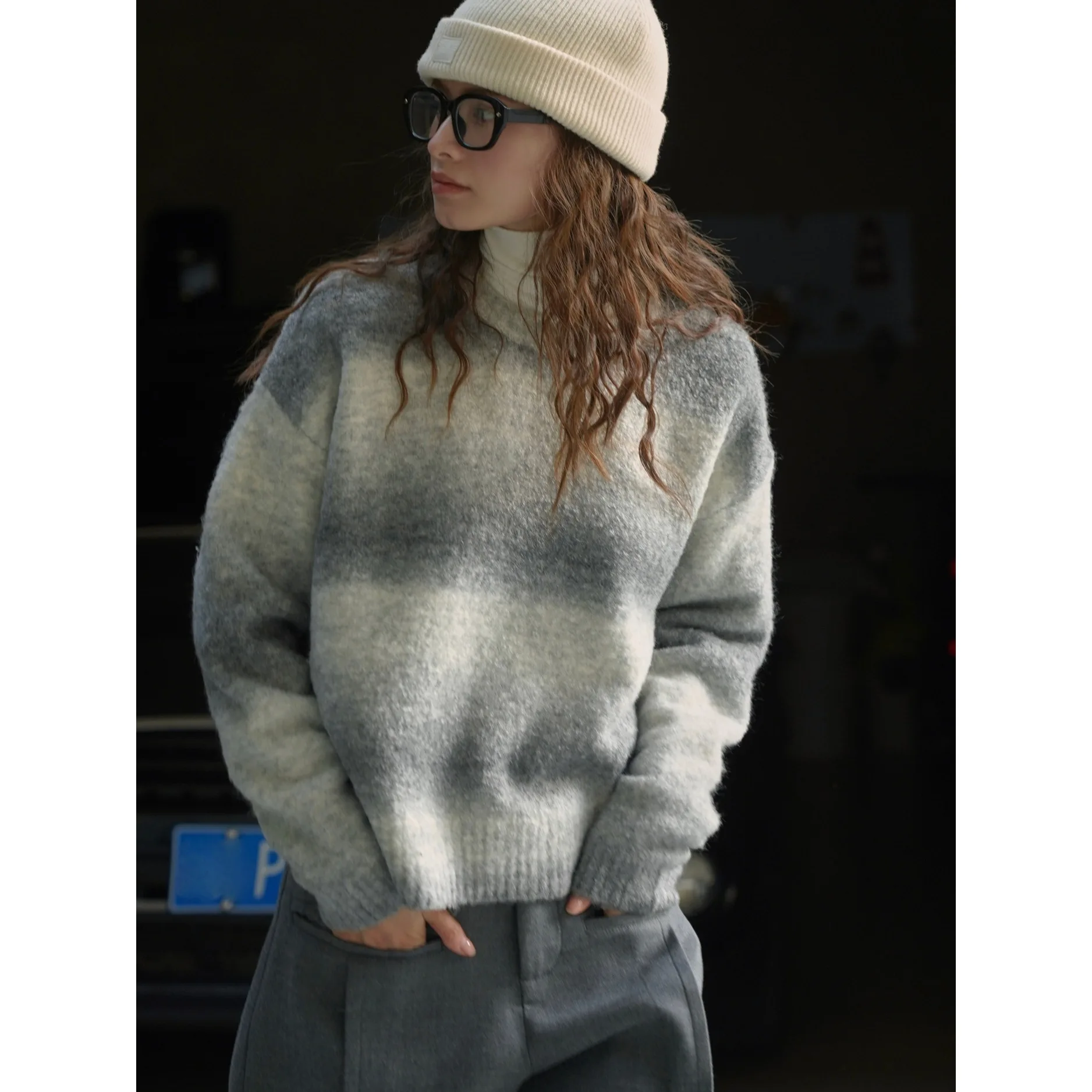 Winter Gradient Green Striped Mohair Sweater Skin Friendly Warm Comfortable Top For Women