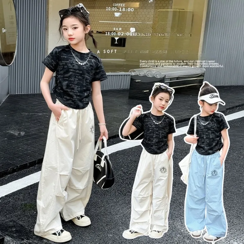 

Girls Summer Clothing Set Fashion Kids Sporty Casual Letter Print T-Shirt + Cargo Pants Two-piece Set 2025 New