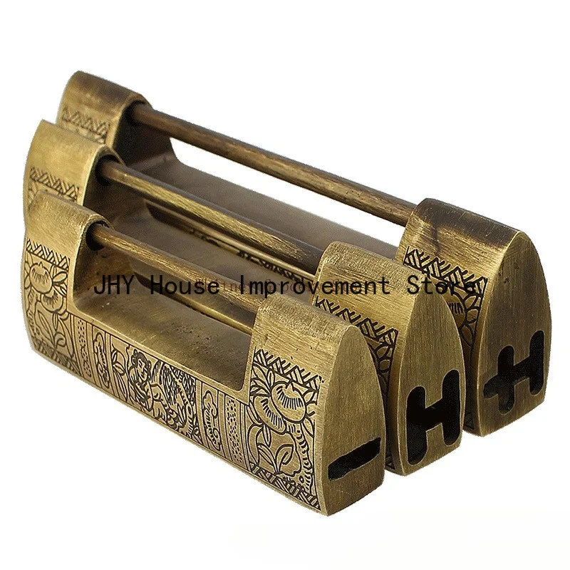 Chinese Antique Copper Horizontal Shackle Padlock Cabinet Latches Hand-Carved Feng Shui Design Vintage for Doors & Wardrobes