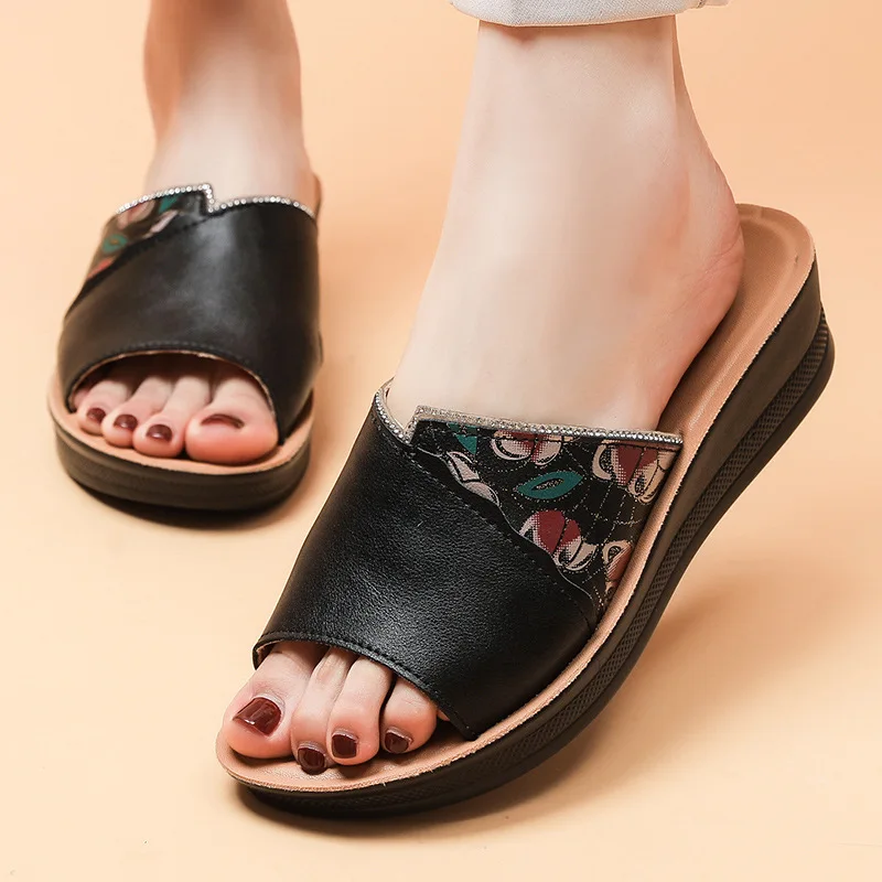 

2023 Summer Women Casual Sandals Shoes Genuine Leather Wedges Heels Open Toe Slip On Slippers Female Footwear Beach Slippers