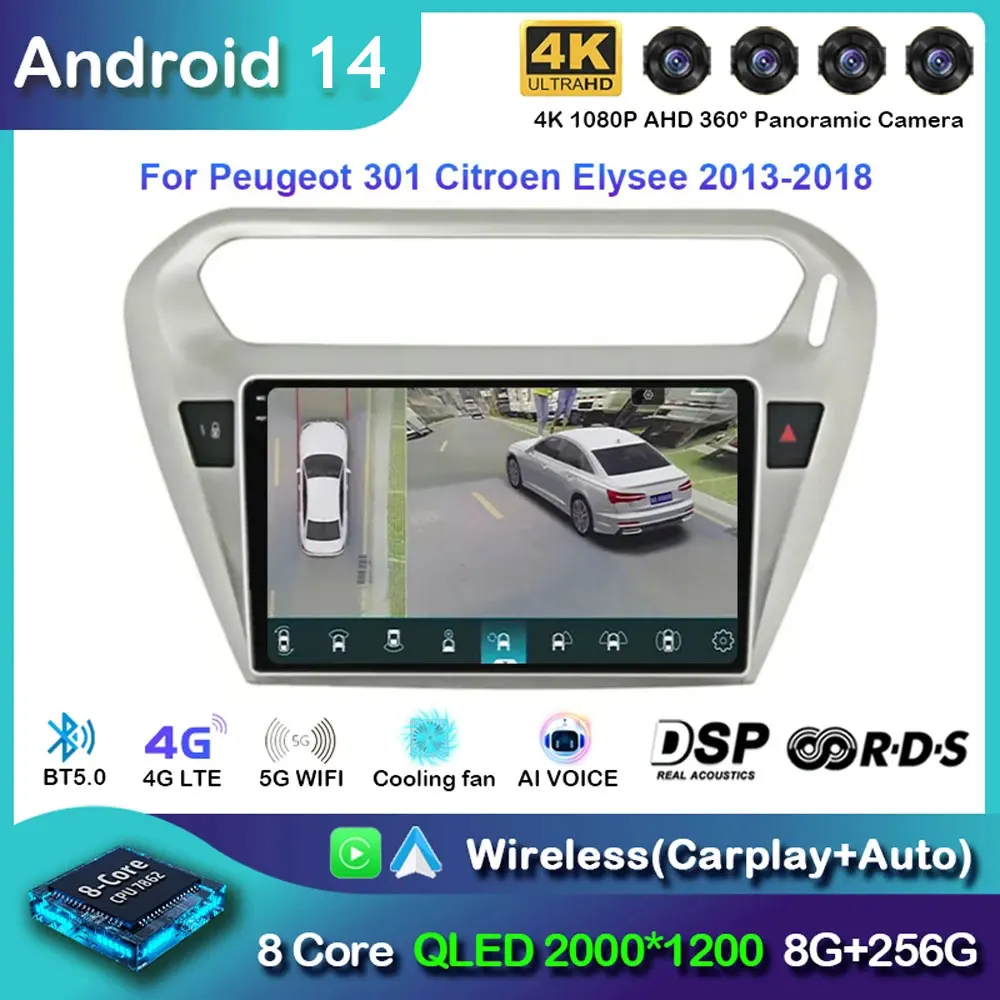 

Android 14 Carplay Car Radio For Peugeot 301 2013 2014 2015 2016 Navigation GPS Multimedia Player WiFi+4G Stereo video Auto BT