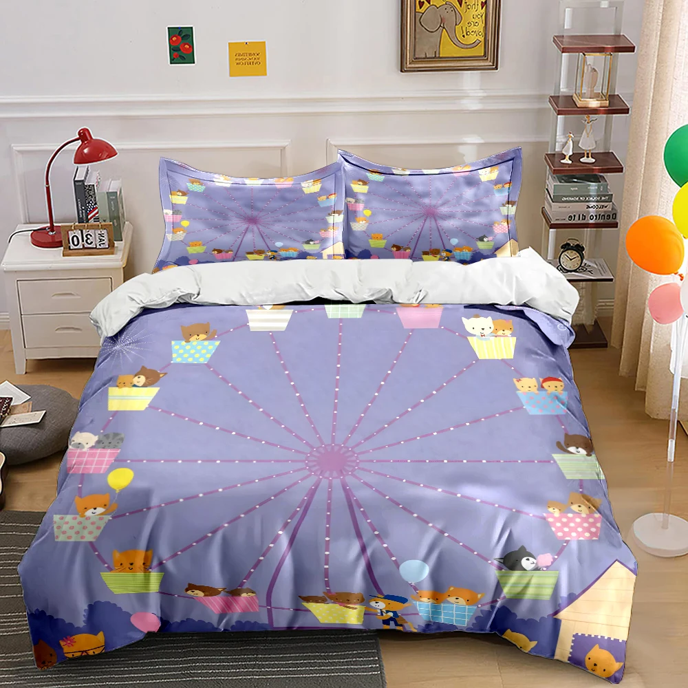 Cartoon animals on ferris wheel Pattern Duvet Cover Set Digital Print Colorful Polyester Bedding with Zipper Closur kids gifts