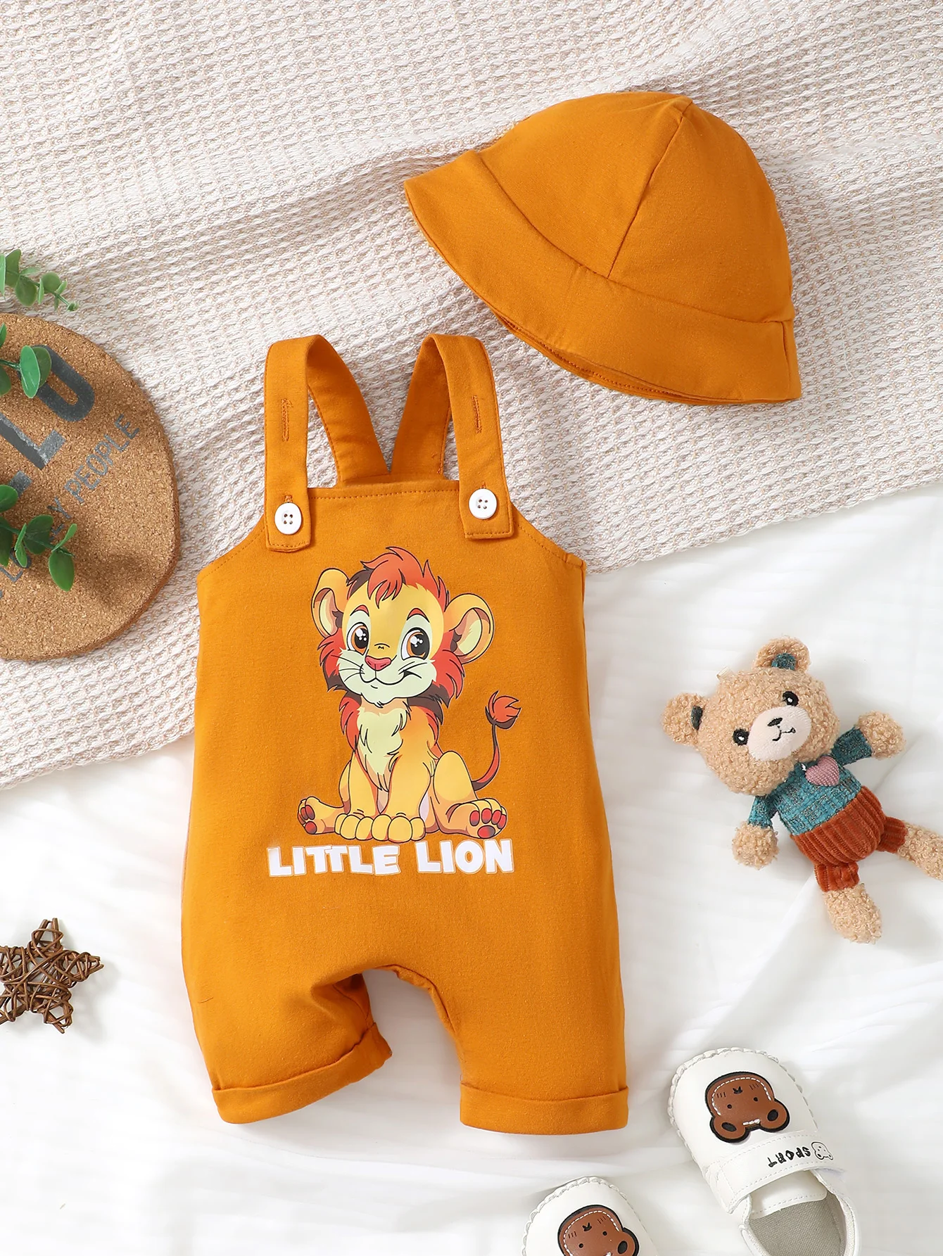 Newborn Baby Boys\' Cute Lion Patterned Strap Romper And Hat, Summer