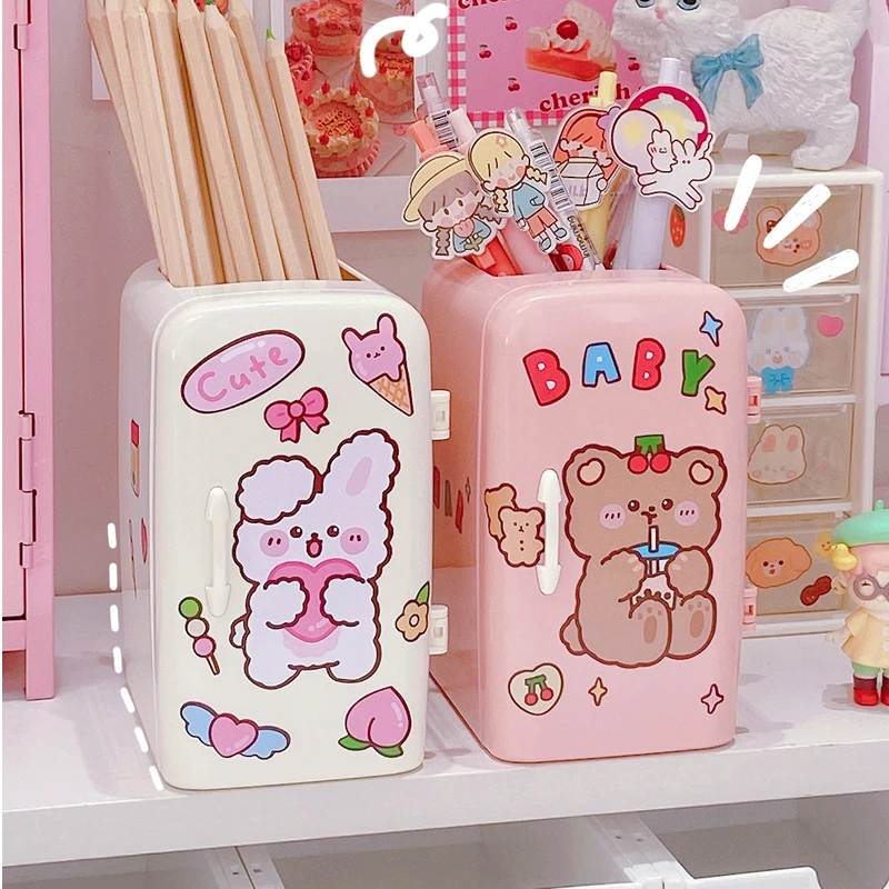 Kawaii Fridge Pen Holder For Girls Cute Plastic Creative Desk Organizer Box For Pens Makeup Brush School Home Office Storage Box