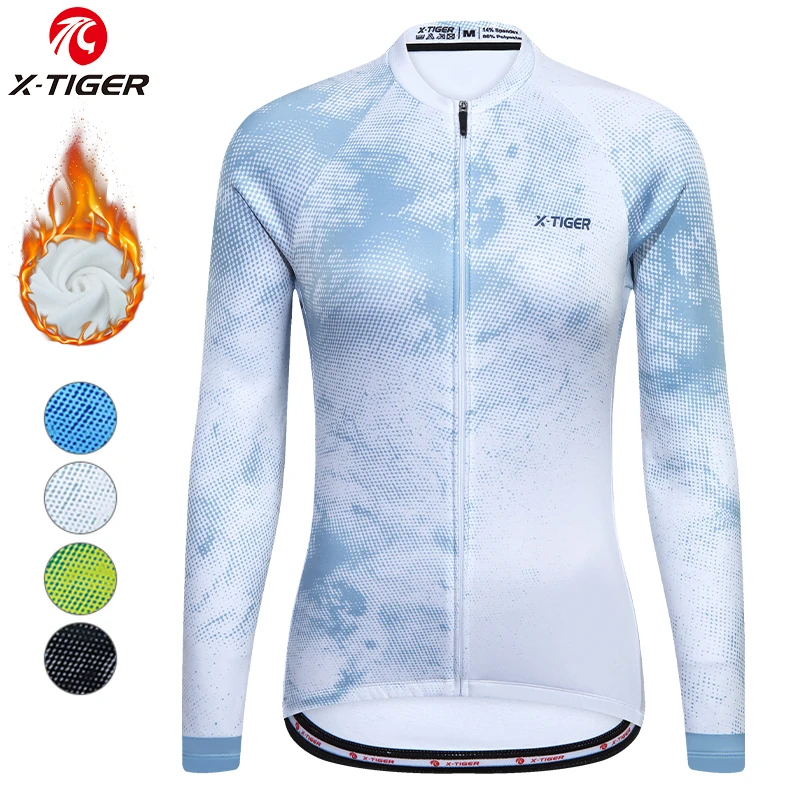 X-TIGER Women\'s Cycling Jersey Winter Thermal Long Sleeve Cycling Shirt with 4 Rear Pockets Fleece Bicycle Clothes Jeresy