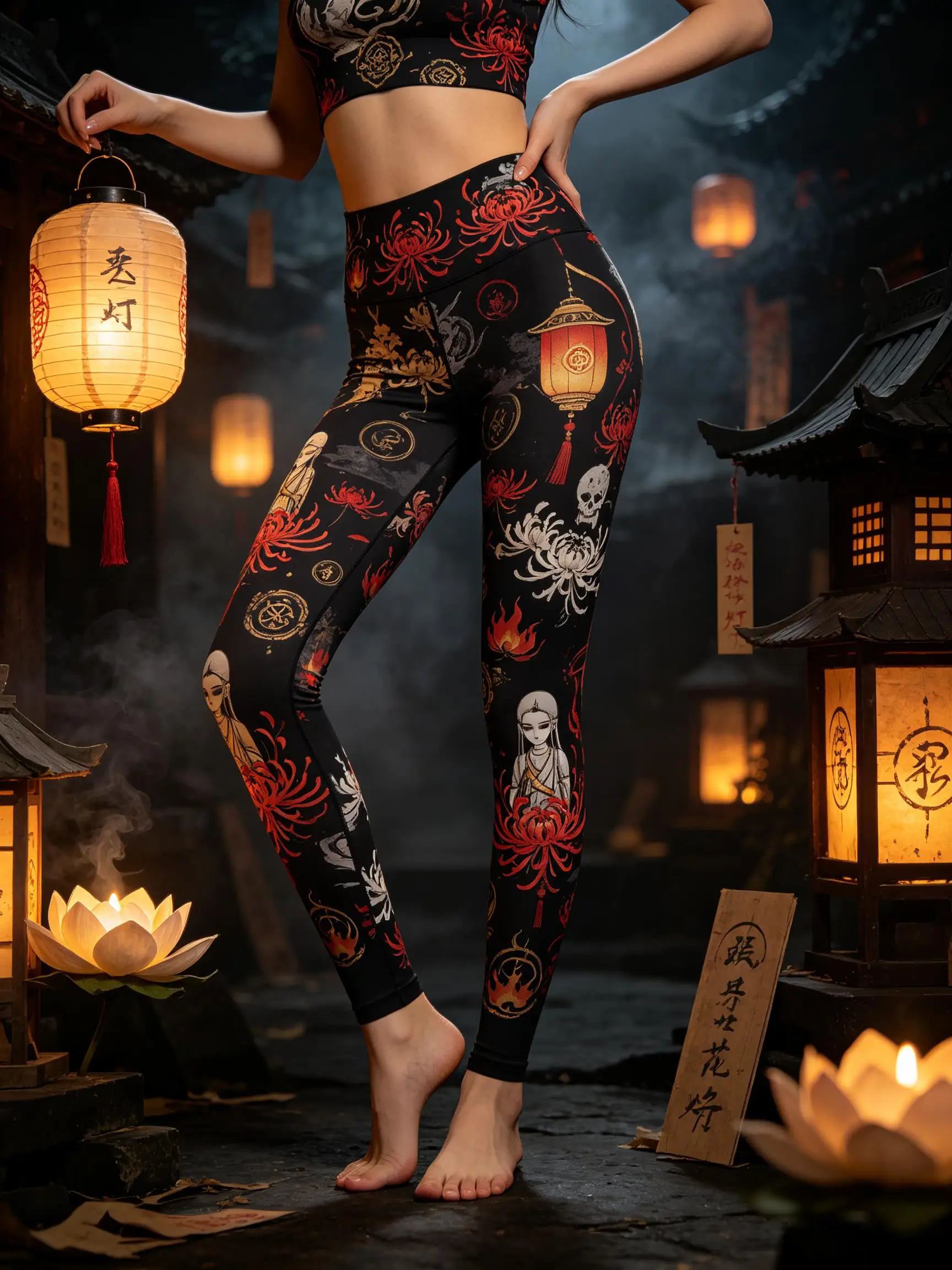 Women Oriental Spider Lily Lantern Print Leggings Mid Waist Fleece Lined Slim Pants Halloween Cosplay Stretch Trousers