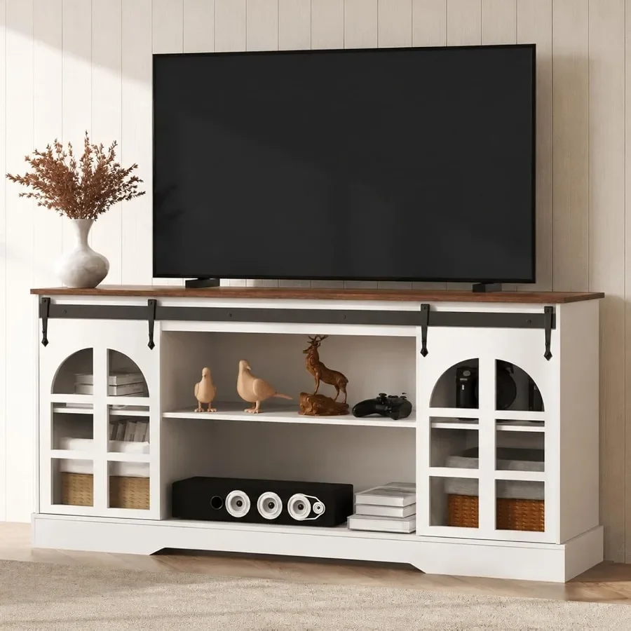 65 Inch TV Stand for Living Room, Farmhouse Entertainment Center: Solid Wood, White, Rustic Charm Ample Storage
