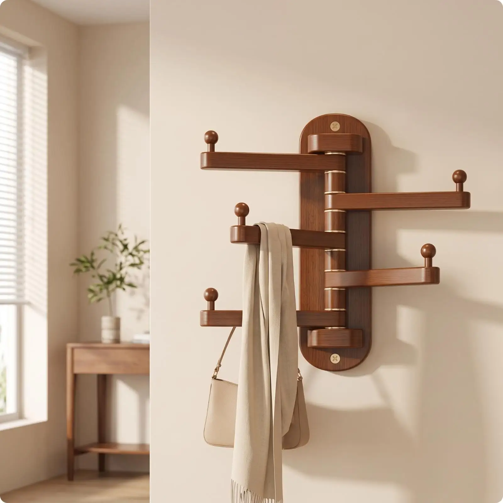 Space Saving Wooden Wall Coat Rack Adjustable Rotating Hooks Sturdy Rubberwood Hanger for Entryway Hallway Clothes Storage