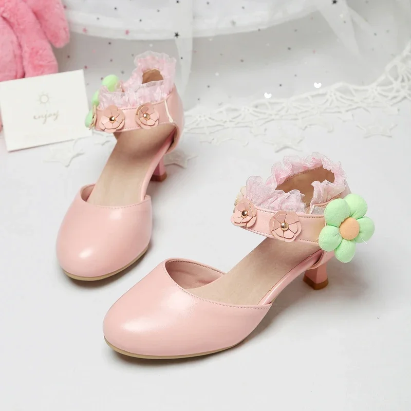 Free Ship Sweet Lolita Style Belt Flower Princess Sandals 5cm tacco alto parte nuove scarpe per le donne bianco Beige rosa 2024 estate