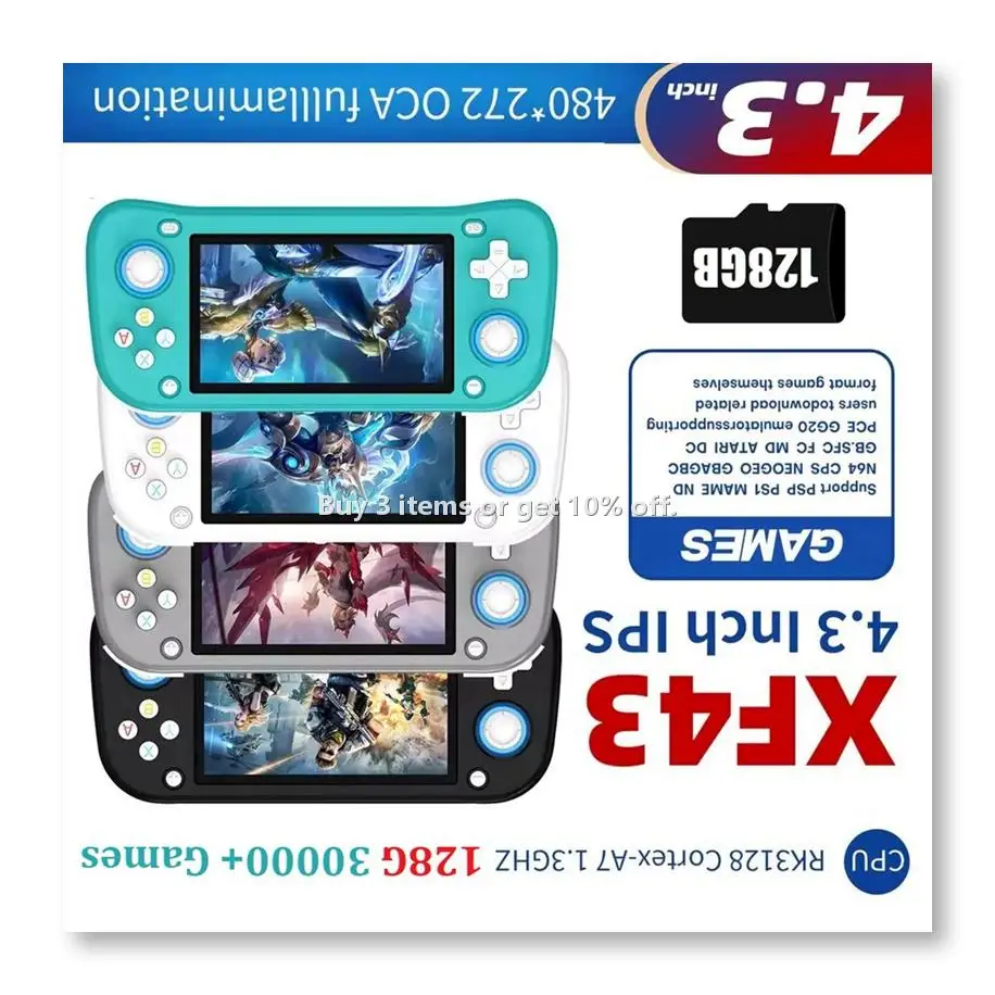 ◉XF43 Retro Handheld Game Console 128G 4.3 Inch IPS Screen Open Source Linux Game Player RK3128 Pocket Video Player C