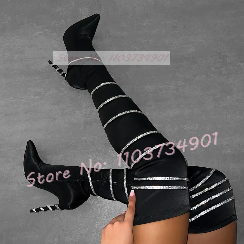 

Glitter Straps Thigh High Boots Women Chic Fashion High Heels Slim Stretch Boots Ladies Trendy Crystal Snake Wrap Pointy Shoes
