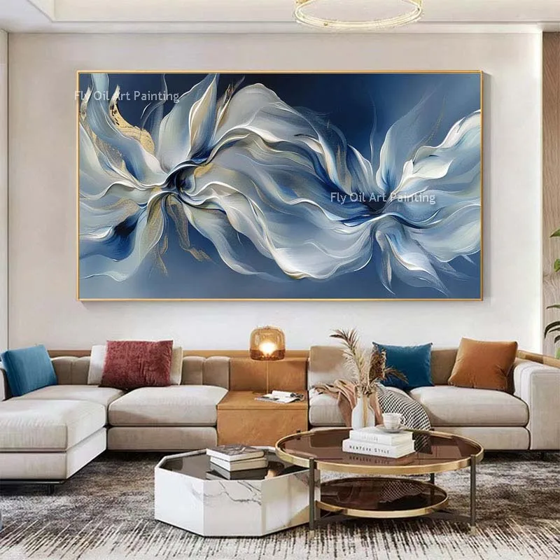 

Hand Drawn Blue Abstract Flowers Oil Painting Modern Original Custom Art Gold Foil Abstract Canvas Wall Art Room Decor Unframed