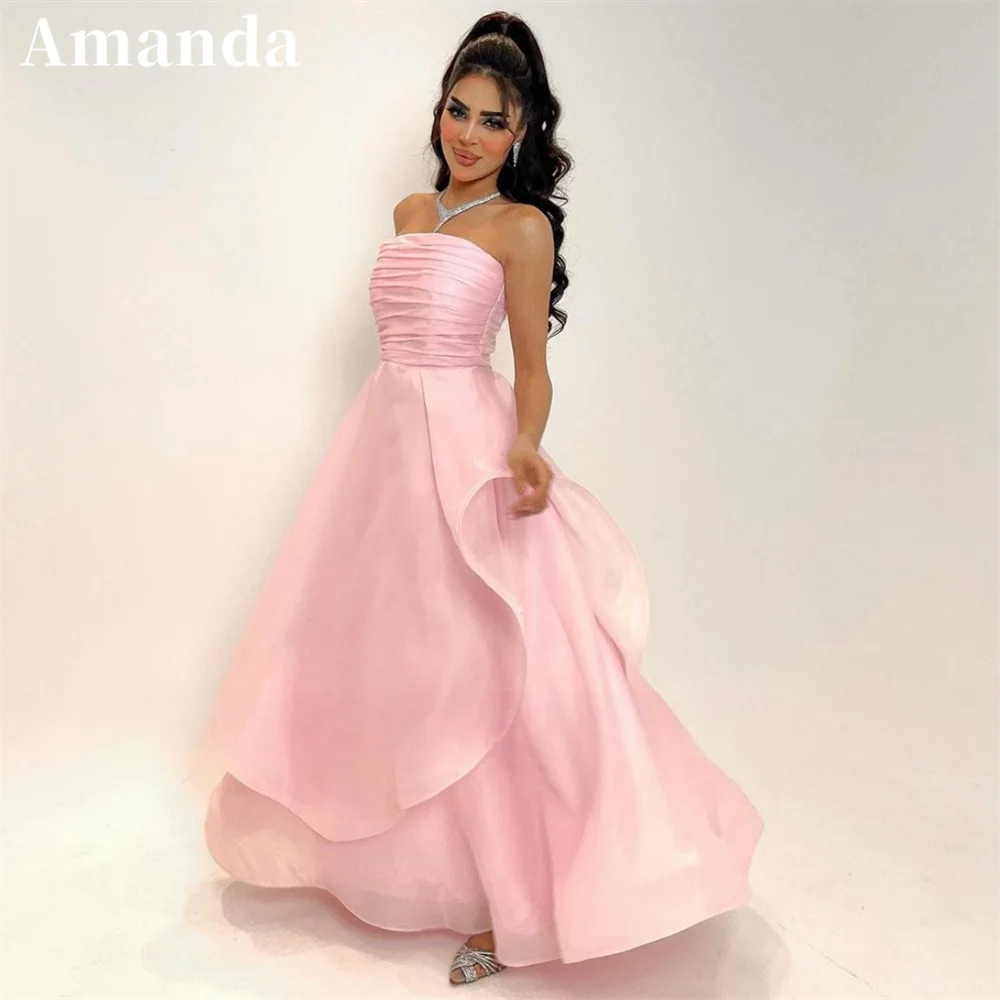 

Amanda Strapless Organza فساتين السهرة Light Pink A-line Floor Lenght Prom Dress 2023 Sexy Sleeveless Crimping Prom Gown