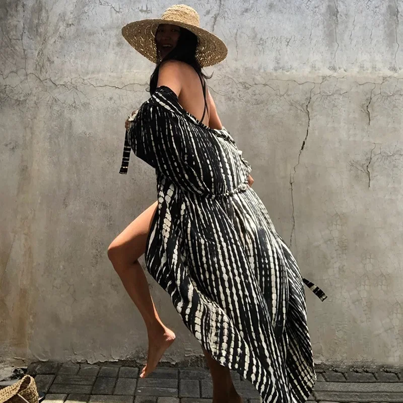 Pantai Cover up untuk pakaian renang wanita hitam Tie Dye Kimono baju renang Cape musim panas gaun 2023 pakaian Beachwear kebesaran longgar