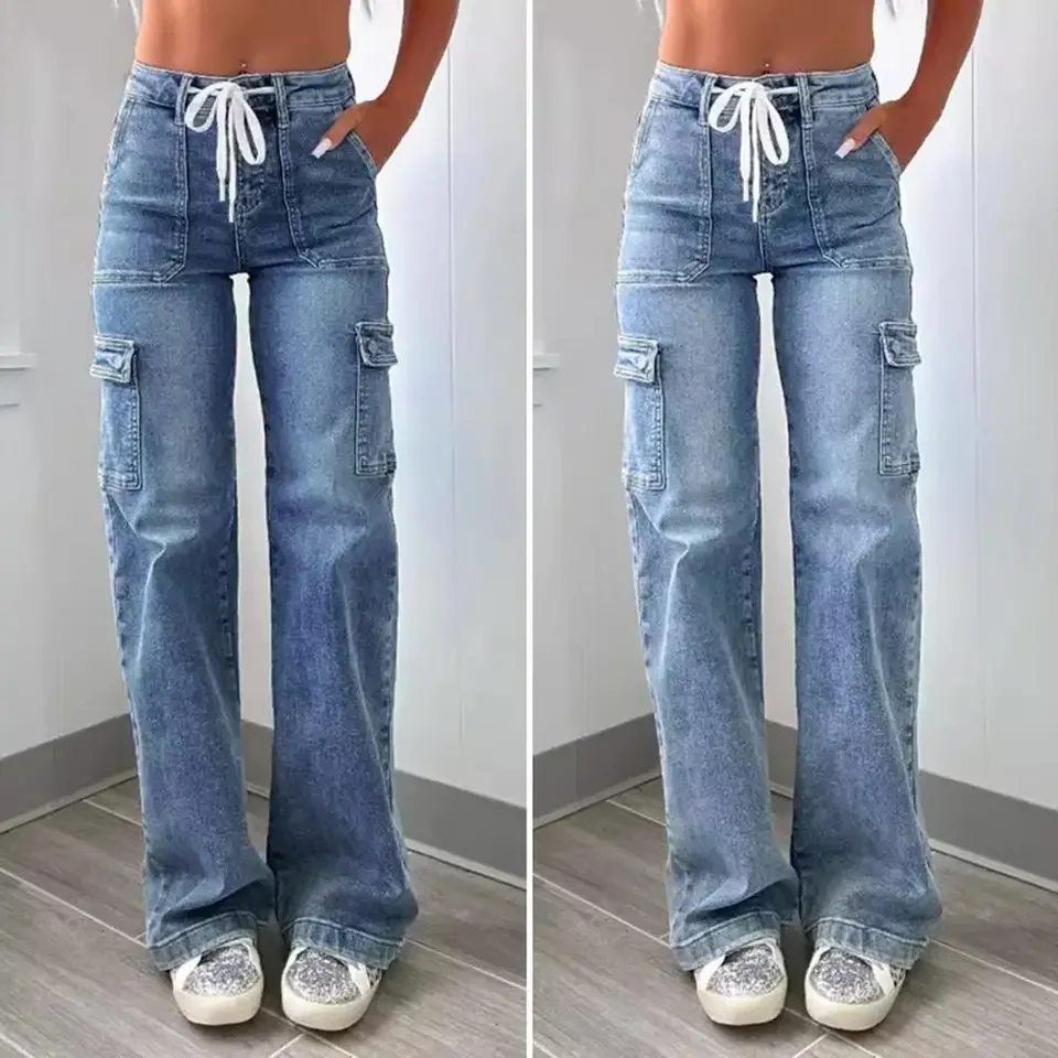 

Джинсы с высокой талией для женщин, эластичные широкие джинсы с карманами, повседневные прямые джинсовые брюки на лето и осень