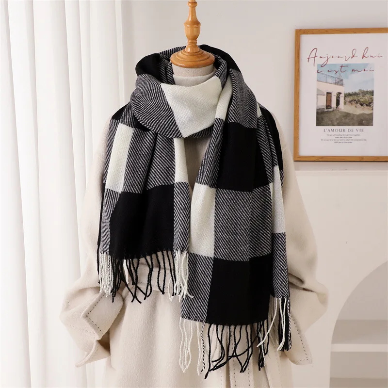 Women Classic Black White Big Check Plaid Scarf Soft Imitation Cashmere Fringed Shawl Warm Winter Neck Wrap for Daily Travel