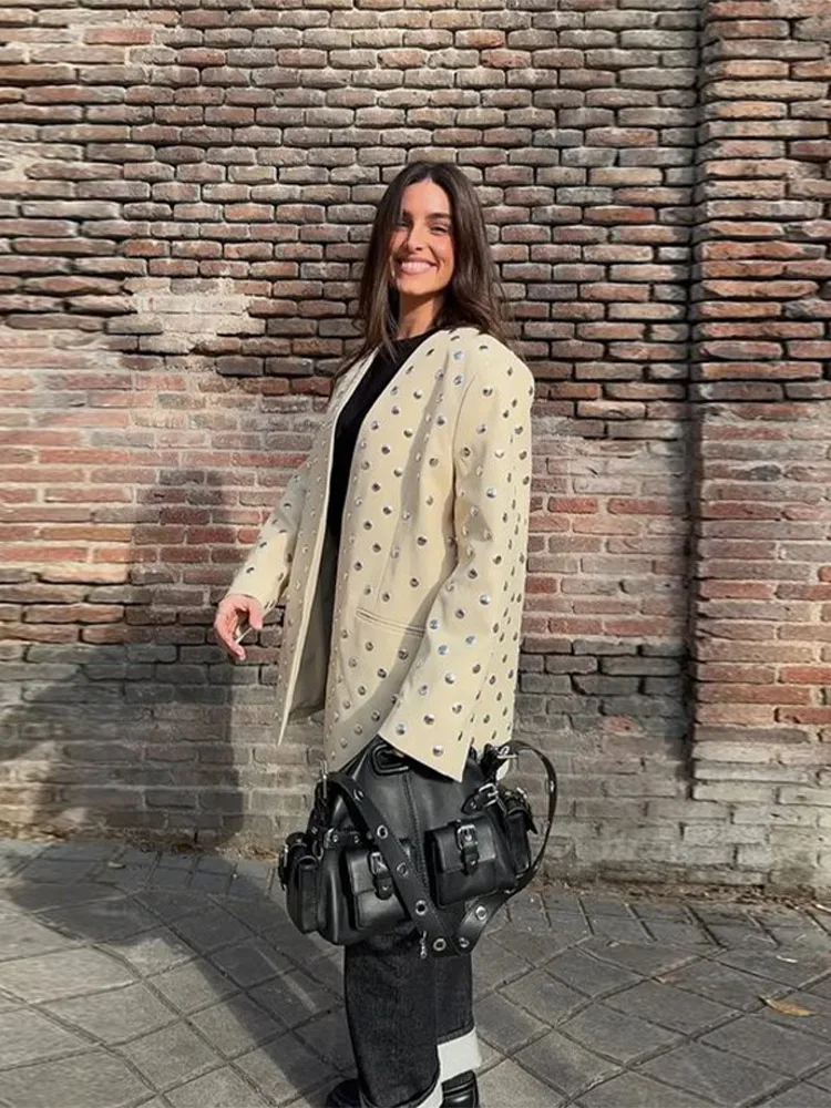 

Lady Office Coat Streetwear 2025Spring Deep V Neck Women's Jacket Elegant Loose Rivet Full Sleeve Female Blazer Fashion Casual