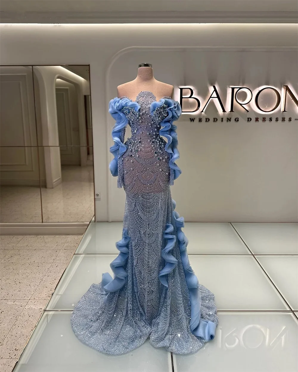 Gorgeous Pearls Evening Dresses Prom Dress Beading Crystal See Through Customized Mermaid Illusion Party Gowns Vestidos De Noche