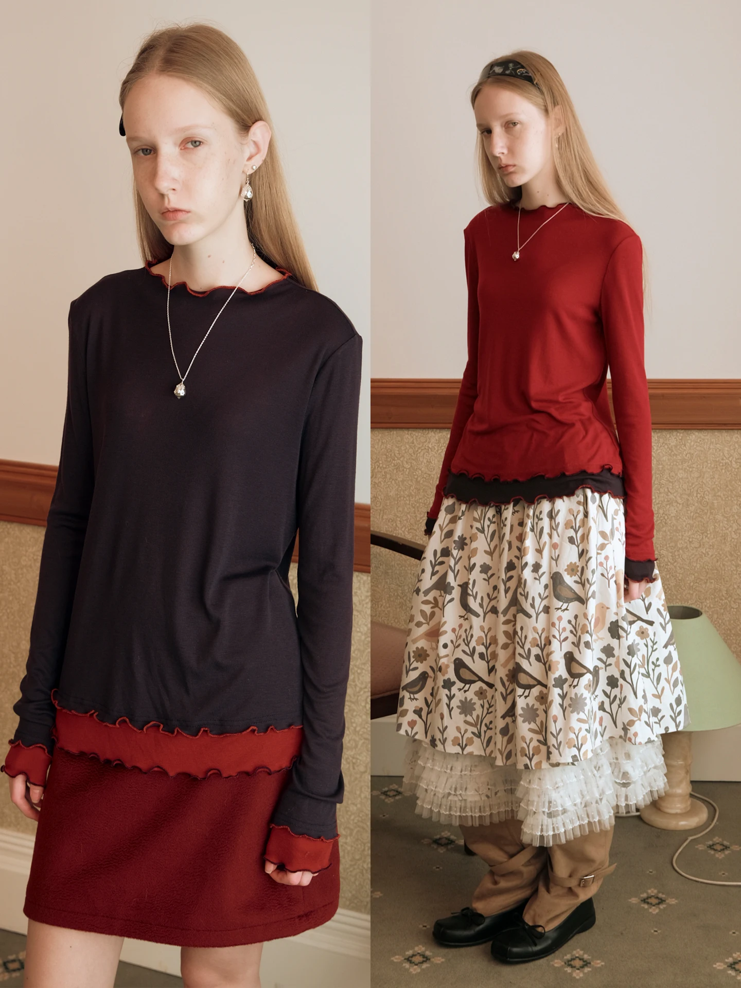 

MintCheese Festival Season Color Beautiful Merino Wool iny Rayon Fake Two-Piece Soft Wave Base Layer Ladies T-irt