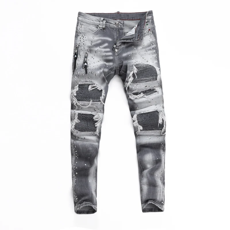 Men Dark Grey Dirty‑Wash Multi‑Layer Ripped Skinny Jeans Stretch Mid Waist Denim Pants hombre