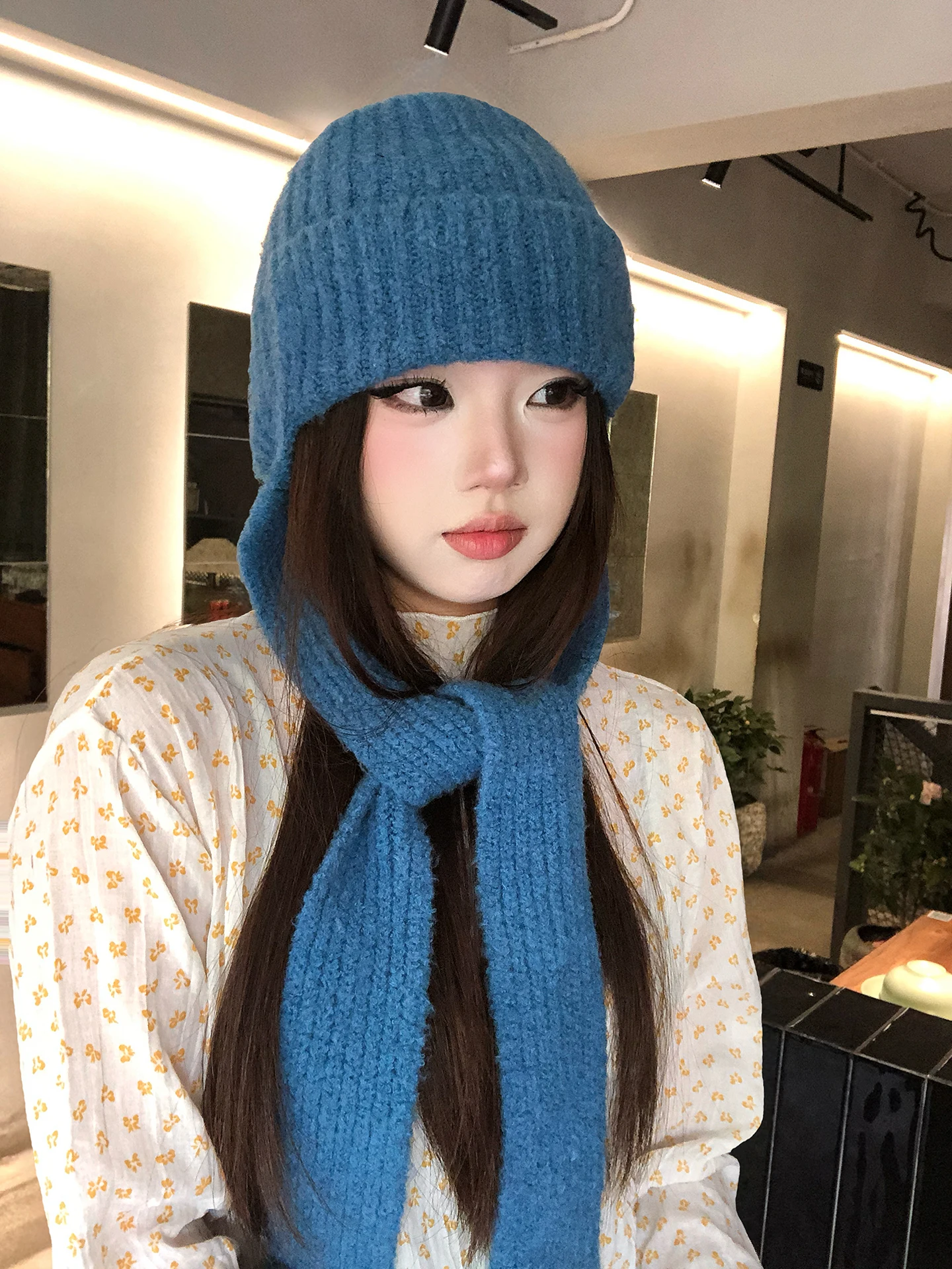 Blue Knitted Winter Hat Women's Warm Woolen Scarf Integrated Ear Protection Face Slimming Hat Casual Style Non-Adjustable