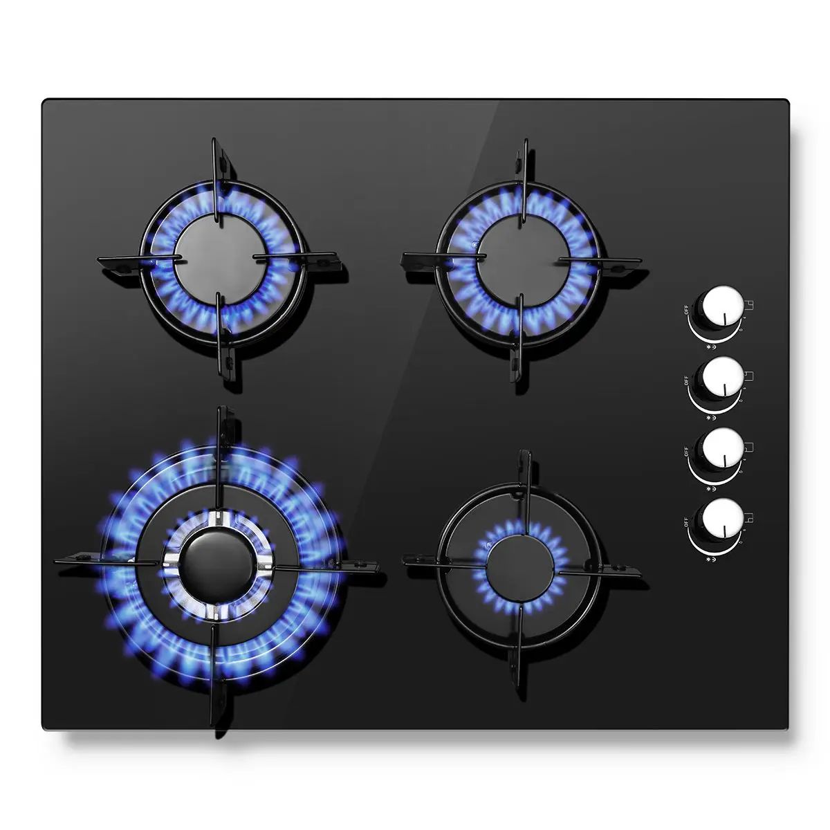 Piano cottura a gas da incasso, 60 cm, con vetro nero. | 4 bruciatori con bruciatore wok, 8000W di alta potenza, doppio combustibile NG/GPL, protezione contro il mancato accensione della fiamma