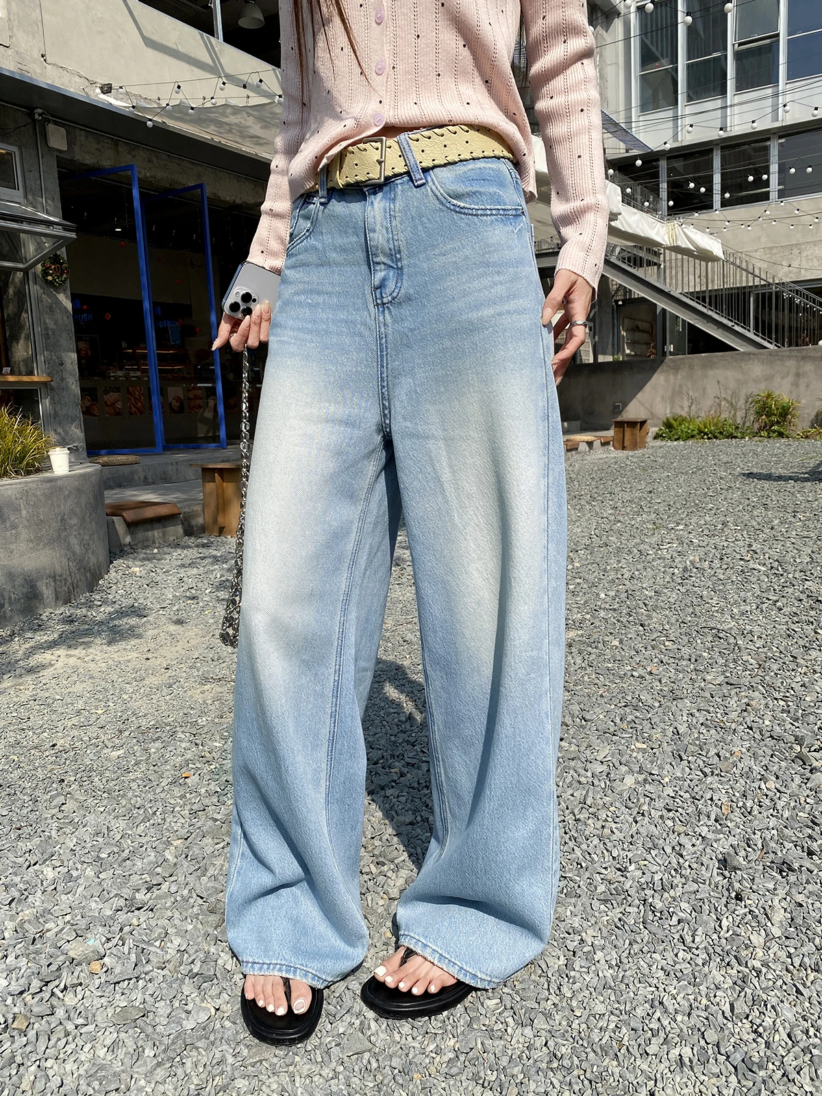 

Slimming High Waist Wide Leg Jeans FEELROOM Washed Light Blue Spring Straight Cut Trousers Pear Shape Can Wear Casual Style