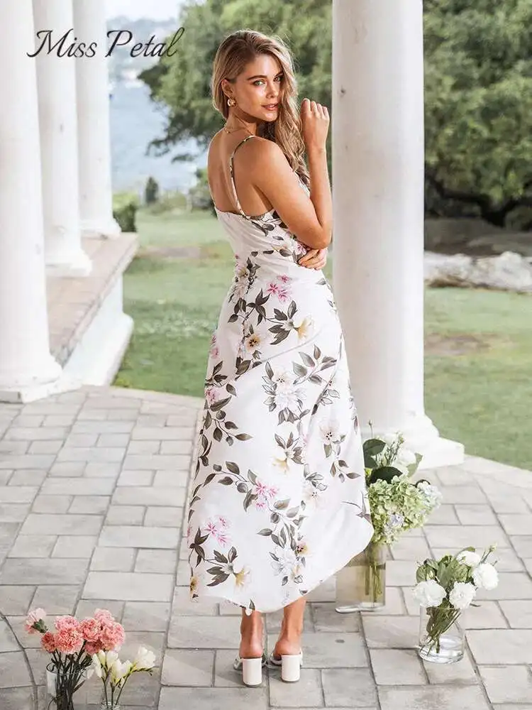 Biały Ral Print High-Low Maxi dla kobiet seksowny dekolt w serek paski spaghetti długa sukienka wakacyjna A-E 2025 letnia sukienka letnia