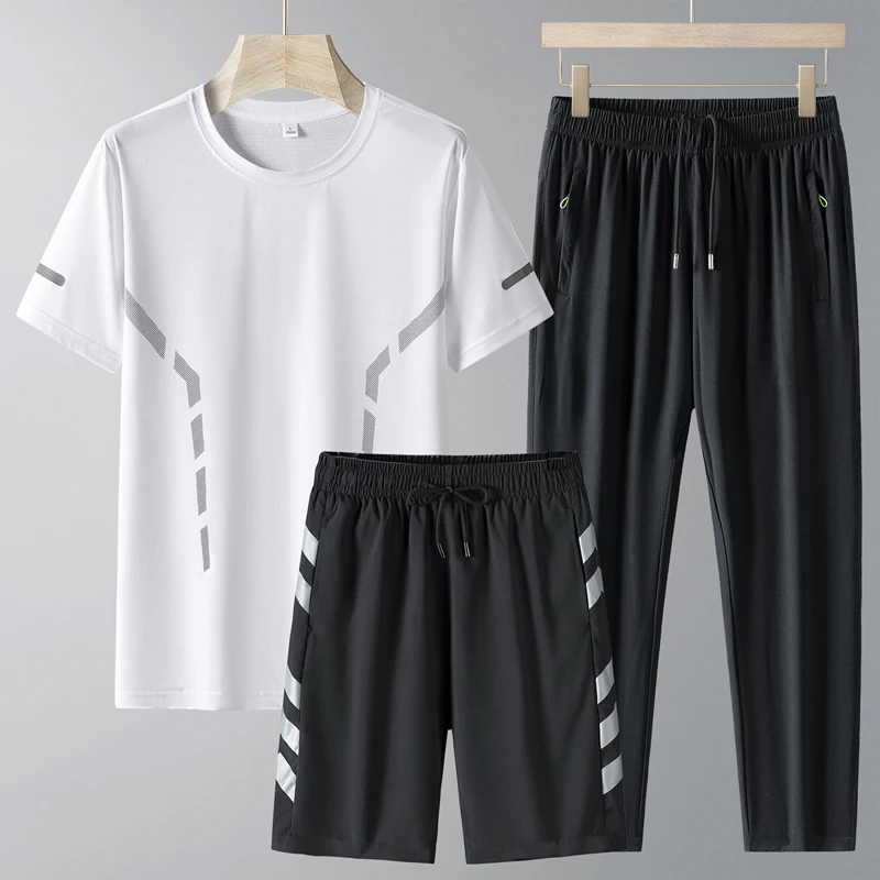 Summer Men's Pullover Short Sleeve Crew Neck T-shirt High Waisted Pockets Drawstring Elastic Long Pants Shorts England Sets