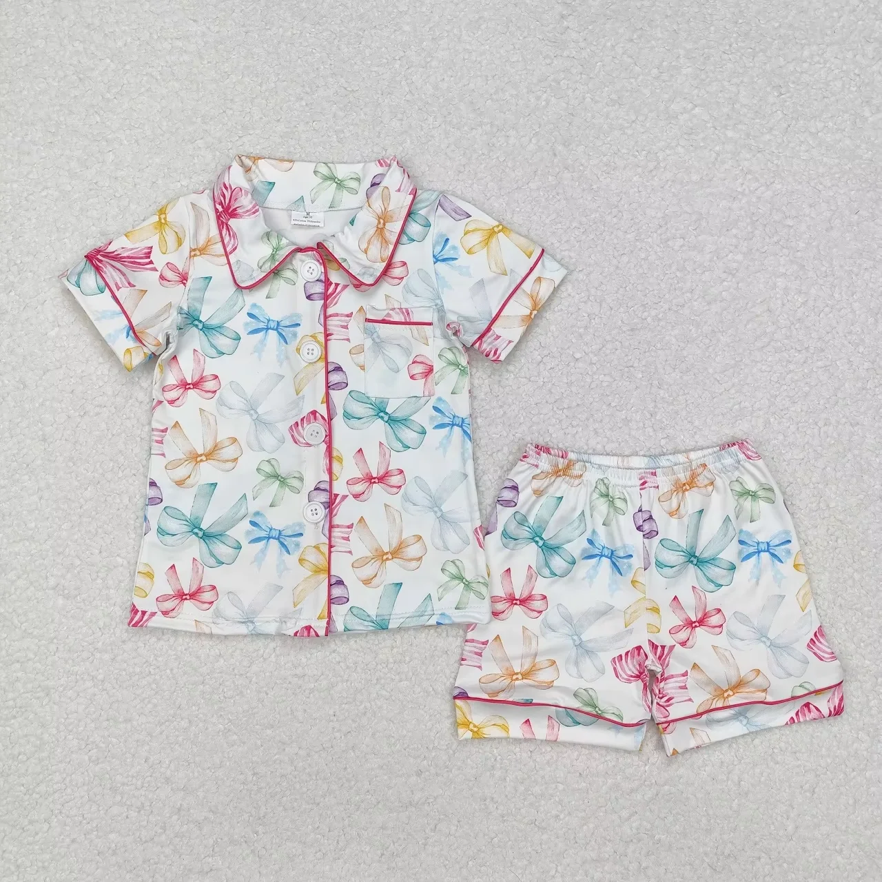 Wholesale Children Infant Pajamas Outfit Sleepwear Baby Girl Short Sleeves Pockets Buttons Shirts Nightclothes Bows Shorts Set