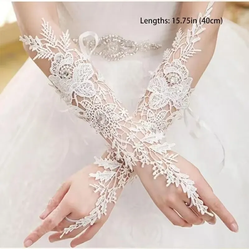 High Quality Lace Fingerless Bridal Wedding Gloves with Rhinestone for Women Paragraph White Wedding Accessories Elbow Length