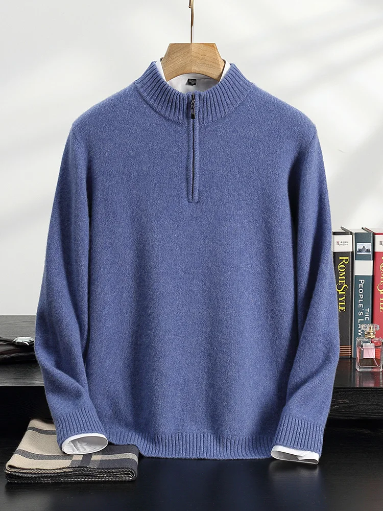 New Men's 100% Cashmere Sweater Half Zipper Mock Neck Pullover Autumn Winter Cashmere Knitwear Smart Casual Soft Warm Clothing