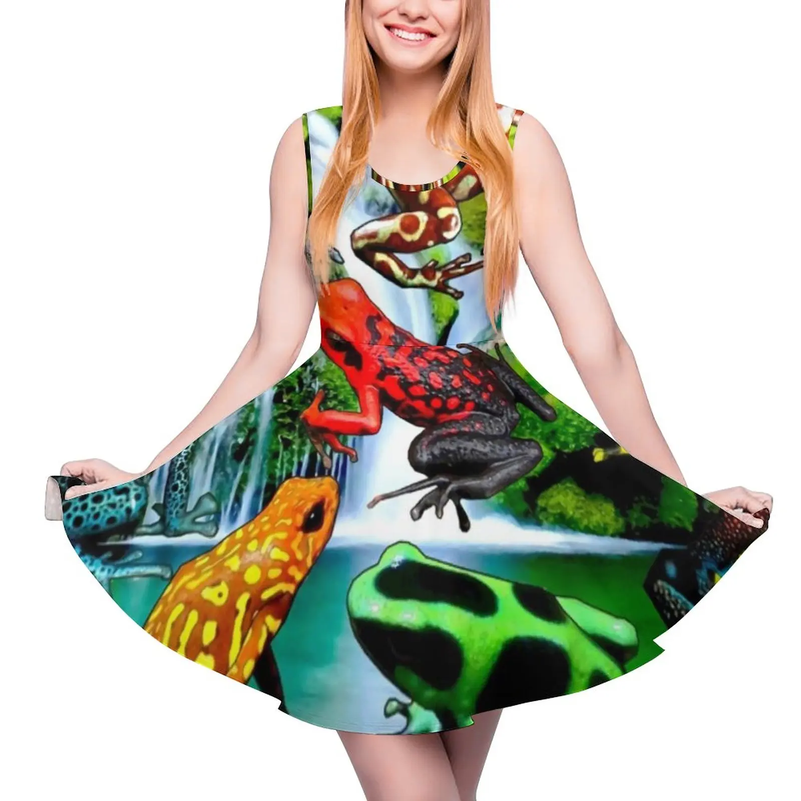 Rainforest Frog Dress High Waist Colorful Poison Frogs Aesthetic Dresses Summer Ladies Oversized Boho Custom Skate Dress