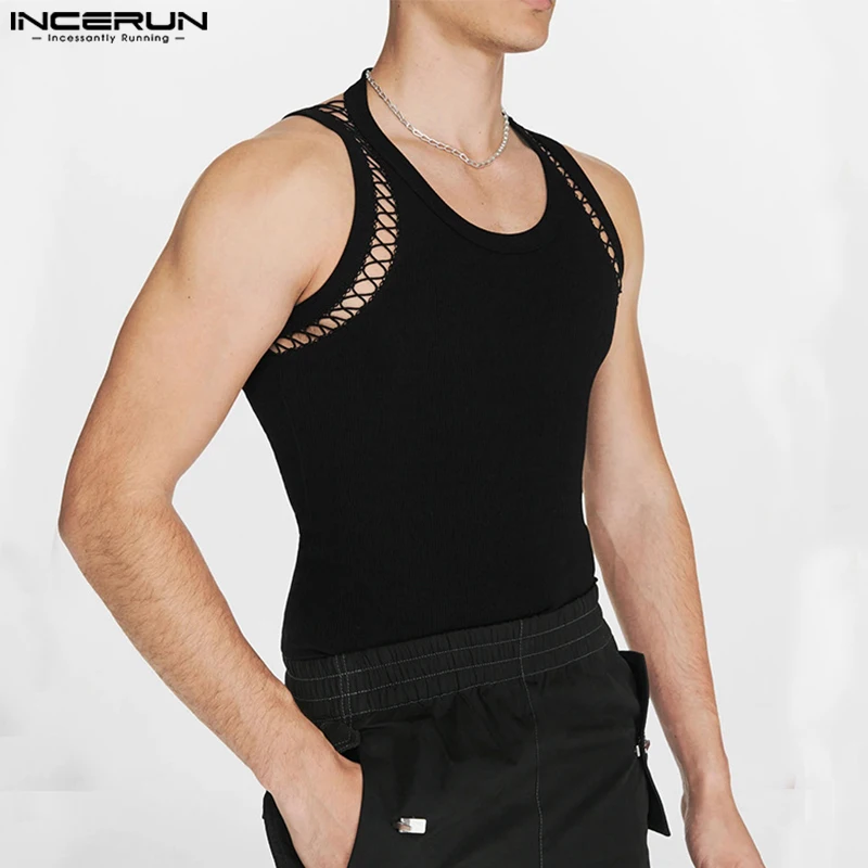 2024 Men\'s Tank Tops Hollow Out Solid Color O-neck Sleeveless Streetwear Summer Male Vests Fashion Casual Men Clothing INCERUN