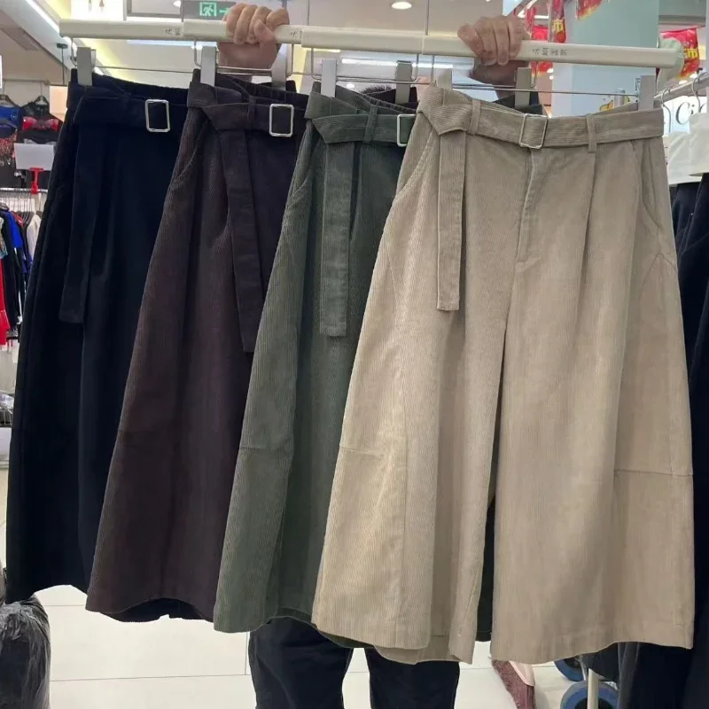 Autumn Winter Loose Figure Flattering Hip Cover Cropped Trousers Korean Corduroy Retro High Waist Tie Waist Casual Women Pants