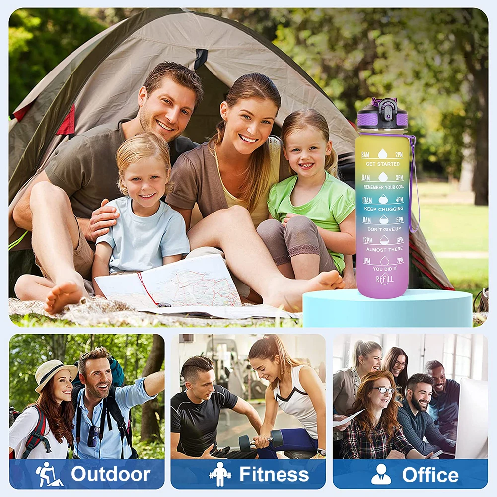 1L Gradient Color Motivational Sports Water Bottle with Time Marker Leak-proof Drinking Water Bottle Outdoor Sports Travel Kettl