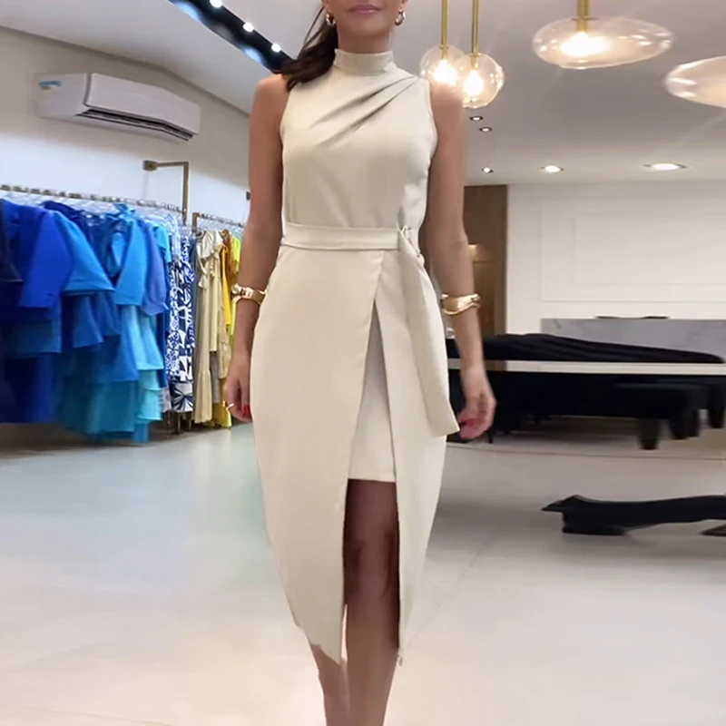 

Ladies Stand Collar Sleeveless Slim A-line Dress Elegant Solid Color Draped Commuter Dress Sexy Hollow Sleeveless Party Dresses