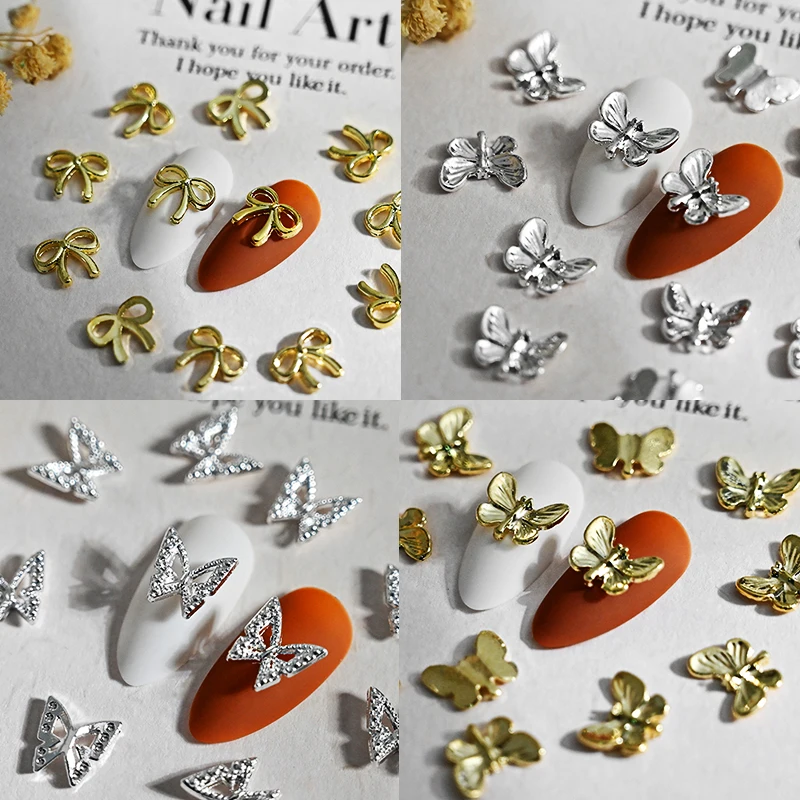 20Pcs Metal Alloy Butterfly/Bow 3D Nail Charms 8/10mm Gold/Silver Metal Butterfly Nail Art Decoration DIY Punk Bow Nail Parts