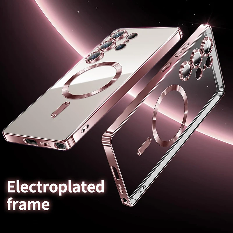 

Магнитный силиконовый мягкий чехол Magsafe для Samsung S25 Edge S24 S23 S21 FE S22 Ultra Plus, роскошный прозрачный корпус с блестящим покрытием