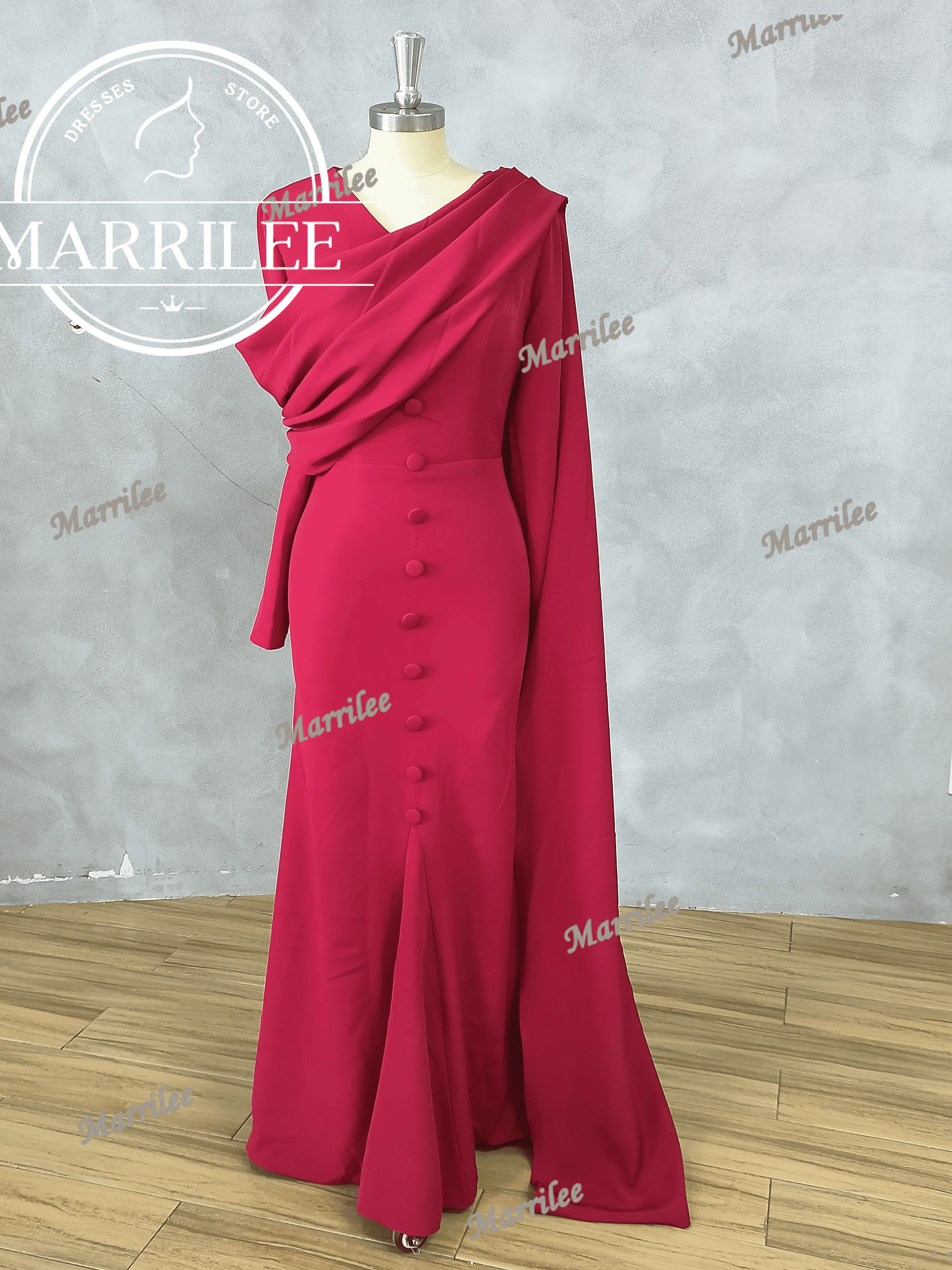 Marrilee Customized Evening Dresses Pleated Neck Long Sleeve Guest Wedding Dresses For Women Simple Button Prom Gowns Vestidos